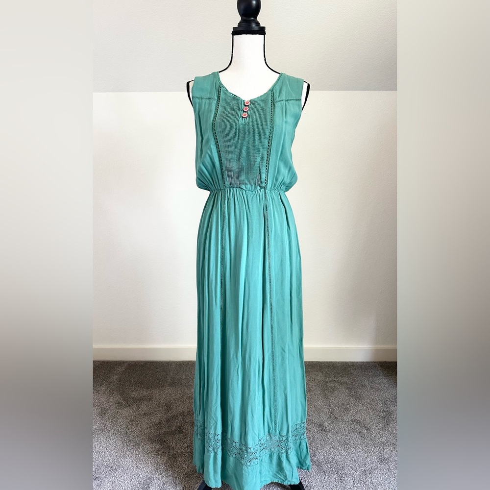 Matilda Jane Down in the Valley Maxi Dress Green Lace Trim Sleeveless Womens S